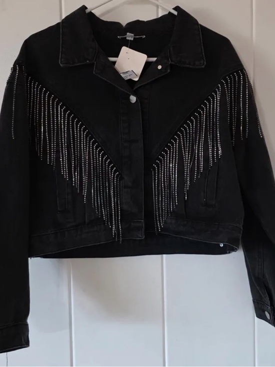 Jackets & Blazers - Black Fringed Rhinestone Denim Jacket